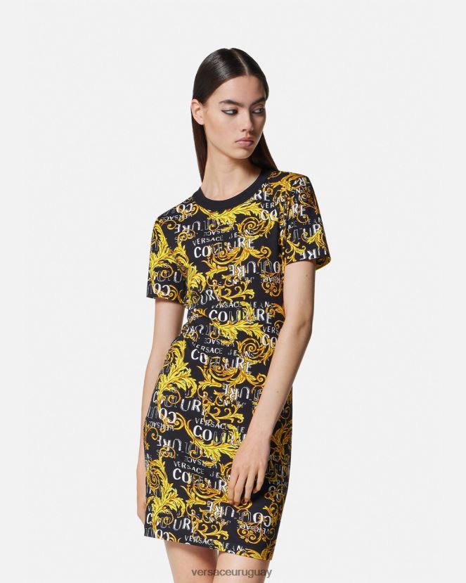 Versace vestido estilo camiseta de alta costura con logo mujer oro negro ropa H88R0H2183