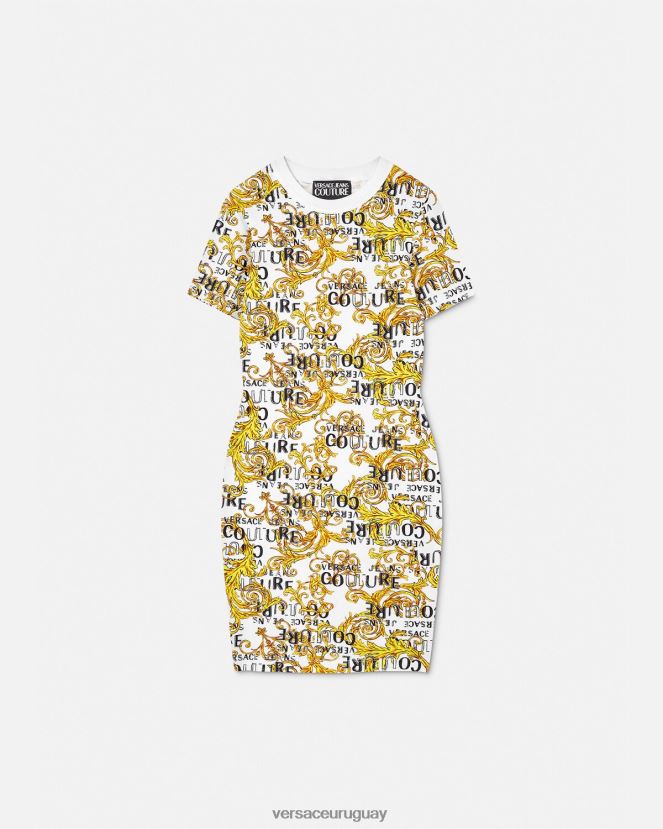 Versace vestido estilo camiseta de alta costura con logo mujer oro y blanco ropa H88R0H2185