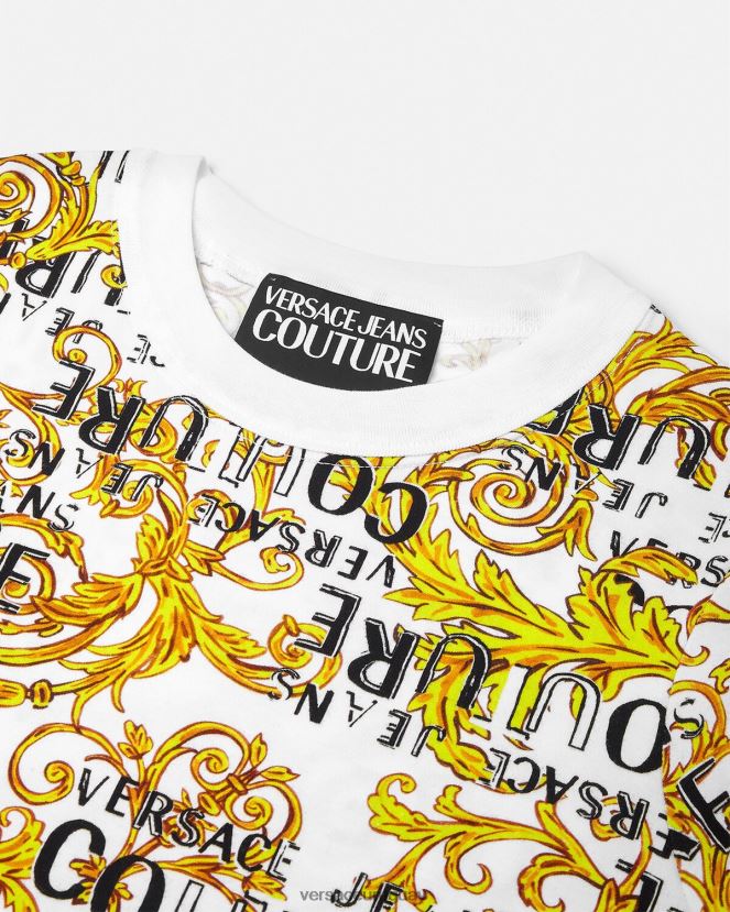 Versace vestido estilo camiseta de alta costura con logo mujer oro y blanco ropa H88R0H2185