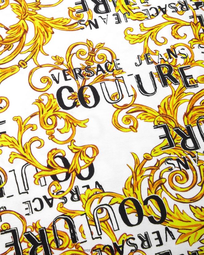 Versace vestido estilo camiseta de alta costura con logo mujer oro y blanco ropa H88R0H2185