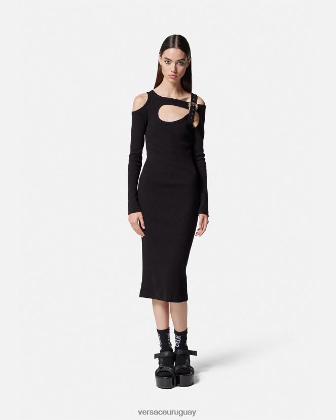 Versace vestido midi con abertura y hebilla barroca mujer negro ropa H88R0H2143