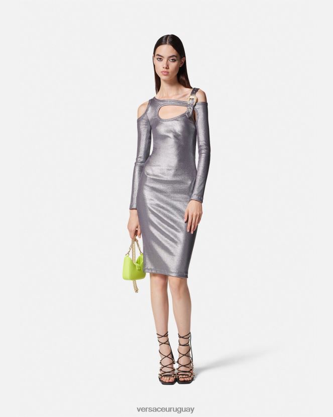 Versace vestido midi con abertura y hebilla barroca mujer plata ropa H88R0H2196
