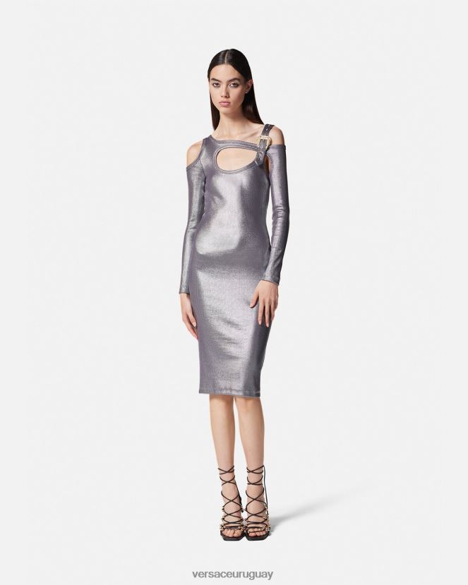 Versace vestido midi con abertura y hebilla barroca mujer plata ropa H88R0H2196