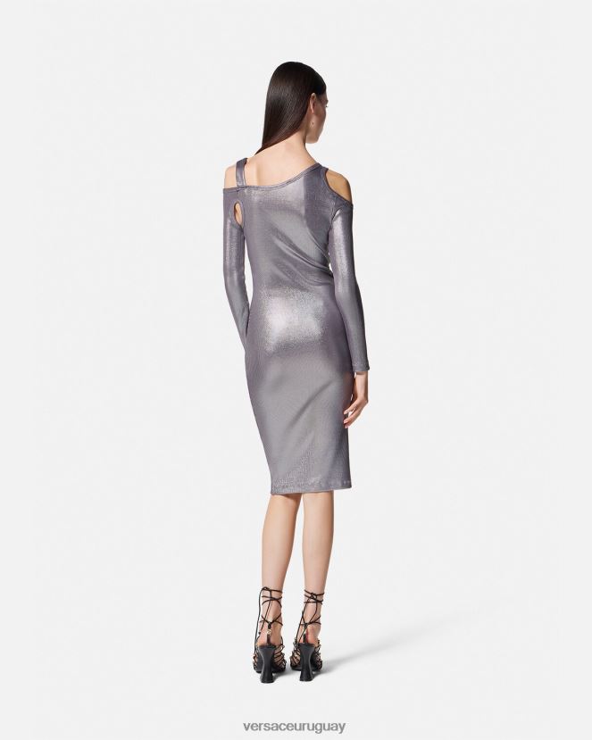 Versace vestido midi con abertura y hebilla barroca mujer plata ropa H88R0H2196
