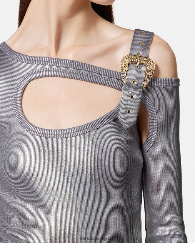 Versace vestido midi con abertura y hebilla barroca mujer plata ropa H88R0H2196