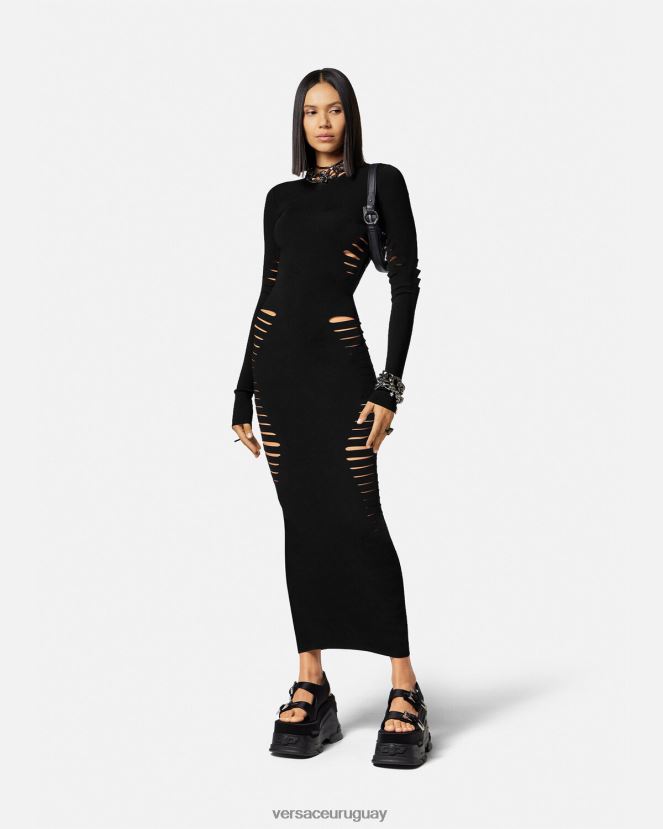 Versace vestido midi de punto con aberturas mujer negro ropa H88R0H50