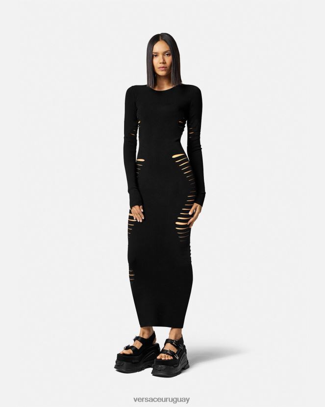Versace vestido midi de punto con aberturas mujer negro ropa H88R0H50
