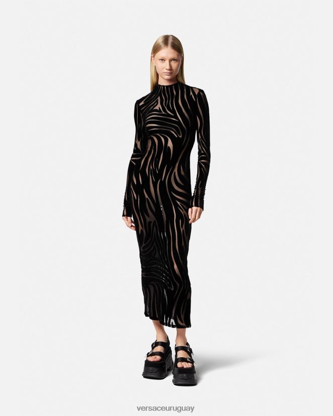 Versace vestido midi de terciopelo de cebra mujer negro ropa H88R0H72