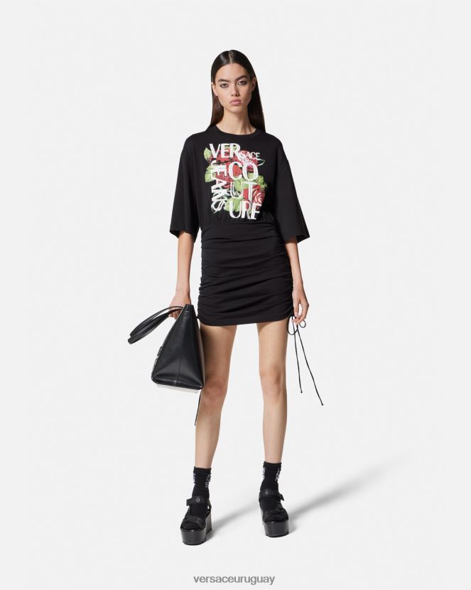 Versace vestido tipo camiseta con cordones y logo de rosas mujer negro ropa H88R0H2161