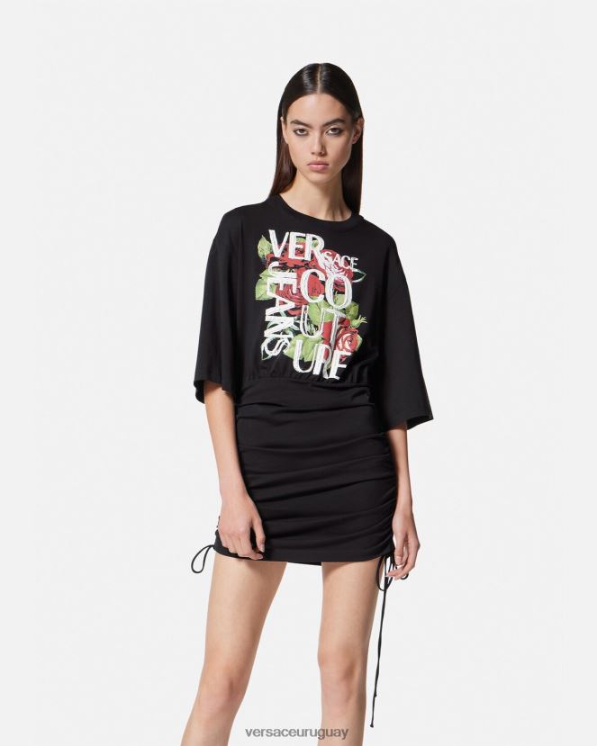 Versace vestido tipo camiseta con cordones y logo de rosas mujer negro ropa H88R0H2161