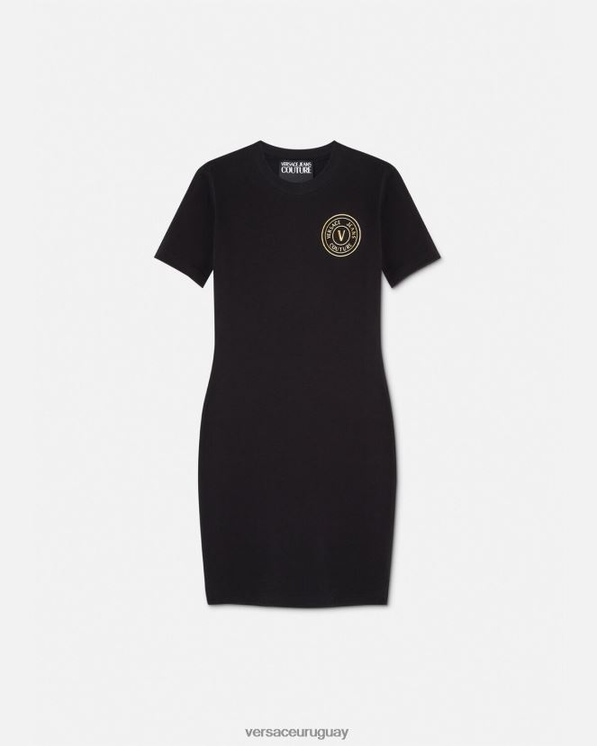 Versace vestido tipo camiseta con logo y emblema en V mujer oro negro ropa H88R0H2144