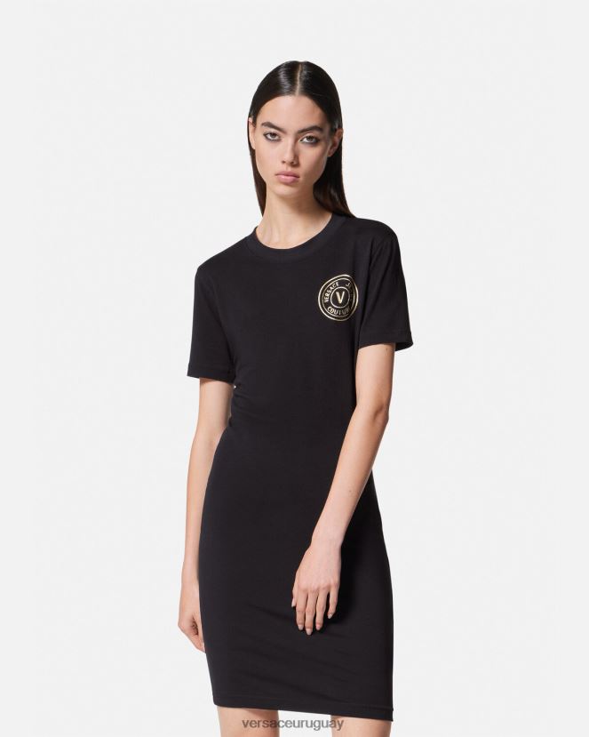 Versace vestido tipo camiseta con logo y emblema en V mujer oro negro ropa H88R0H2144