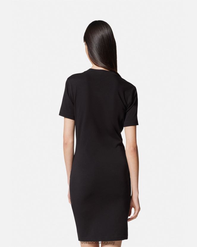 Versace vestido tipo camiseta con logo y emblema en V mujer oro negro ropa H88R0H2144