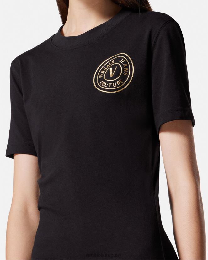 Versace vestido tipo camiseta con logo y emblema en V mujer oro negro ropa H88R0H2144