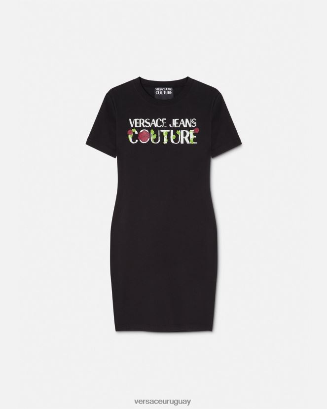 Versace vestido tipo camiseta con logo y rosas mujer negro ropa H88R0H2157
