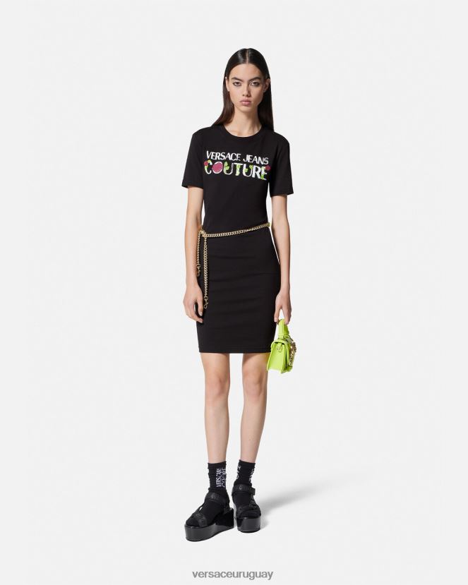 Versace vestido tipo camiseta con logo y rosas mujer negro ropa H88R0H2157