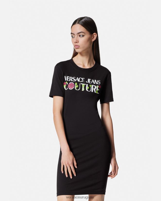 Versace vestido tipo camiseta con logo y rosas mujer negro ropa H88R0H2157