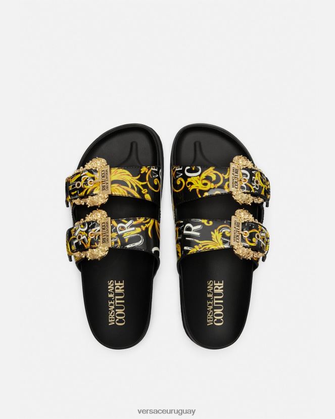 Versace sandalias Arizona de alta costura con logo mujer oro negro zapato H88R0H2276