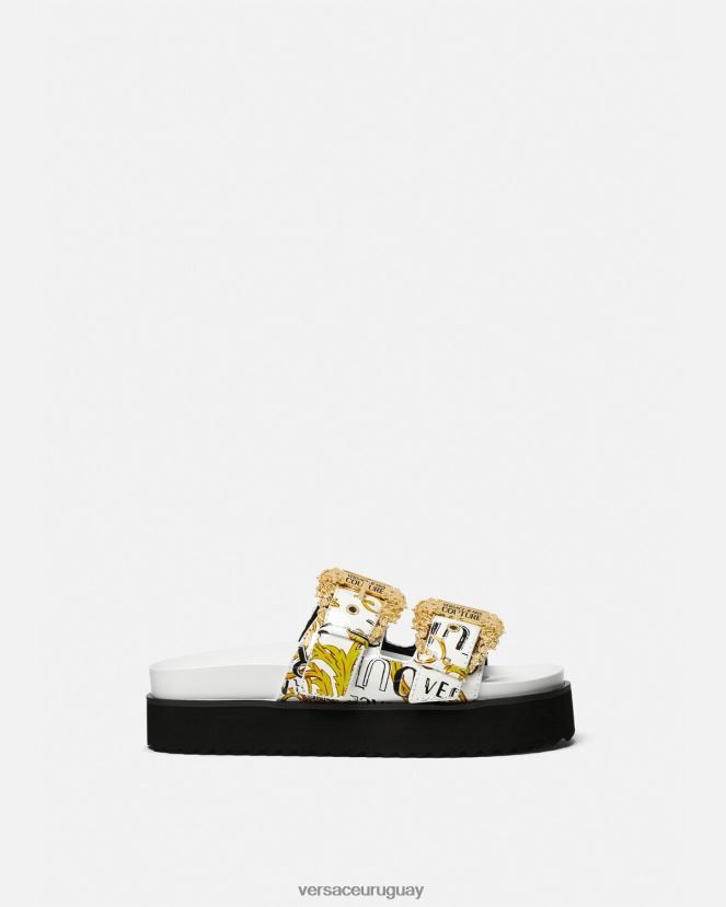 Versace sandalias Arizona de alta costura con logo mujer oro y blanco zapato H88R0H2275
