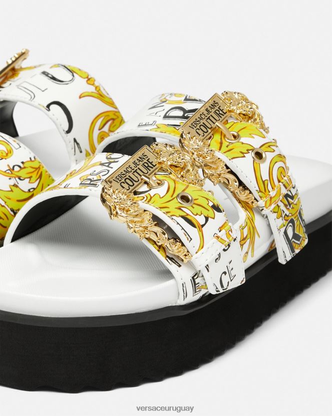 Versace sandalias Arizona de alta costura con logo mujer oro y blanco zapato H88R0H2275