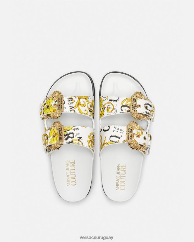 Versace sandalias Arizona de alta costura con logo mujer oro y blanco zapato H88R0H2275