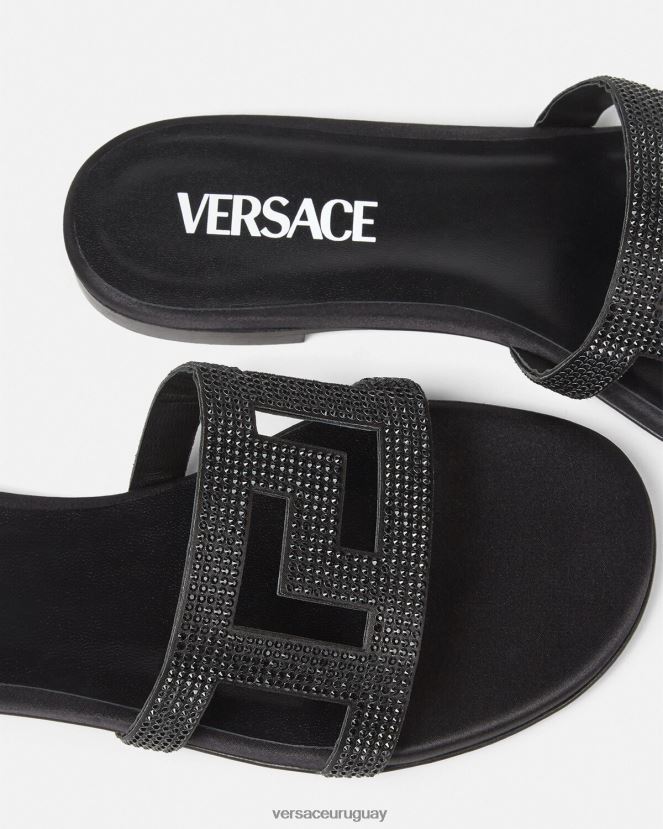 Versace sandalias planas con greca maze y cristales mujer negro zapato H88R0H472