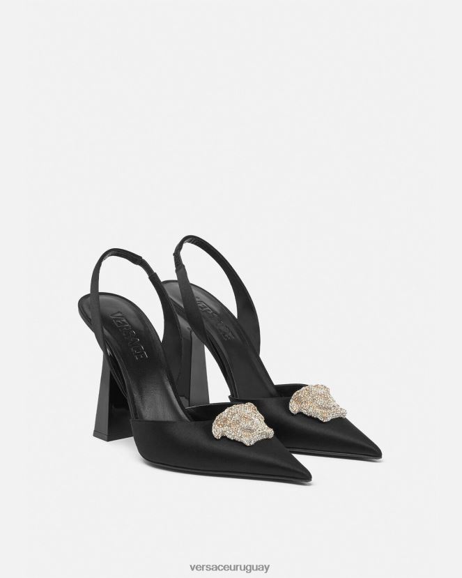 Versace zapatos de tacón con tira trasera de raso la medusa con cristales mujer negro zapato H88R0H486