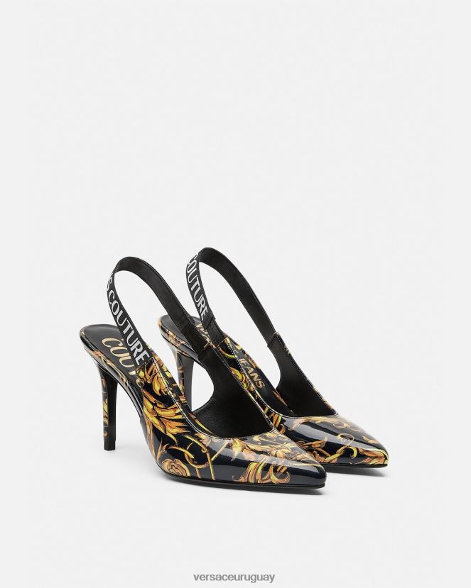 Versace zapatos de tacón de alta costura con logo mujer oro negro zapato H88R0H2308