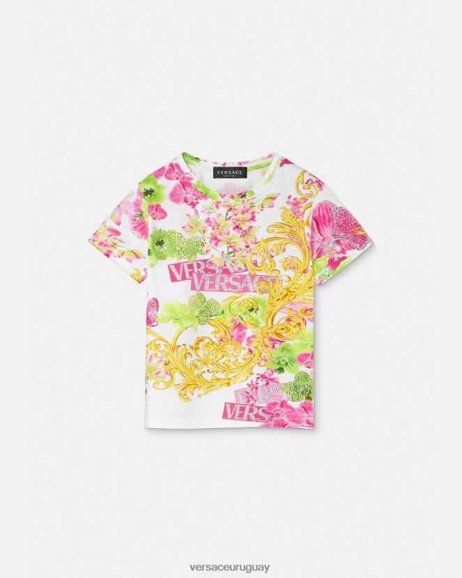 Versace camiseta con logo y orquídea niños blanco y estampado ropa H88R0H1970