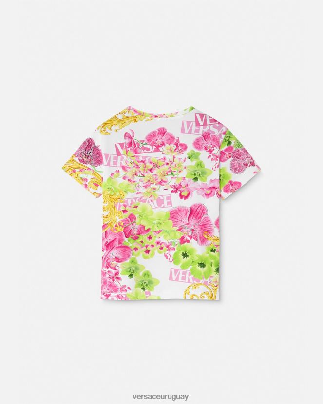 Versace camiseta con logo y orquídea niños blanco y estampado ropa H88R0H1970