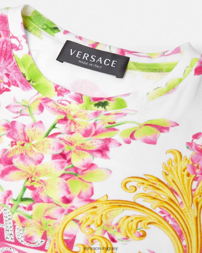 Versace camiseta con logo y orquídea niños blanco y estampado ropa H88R0H1970