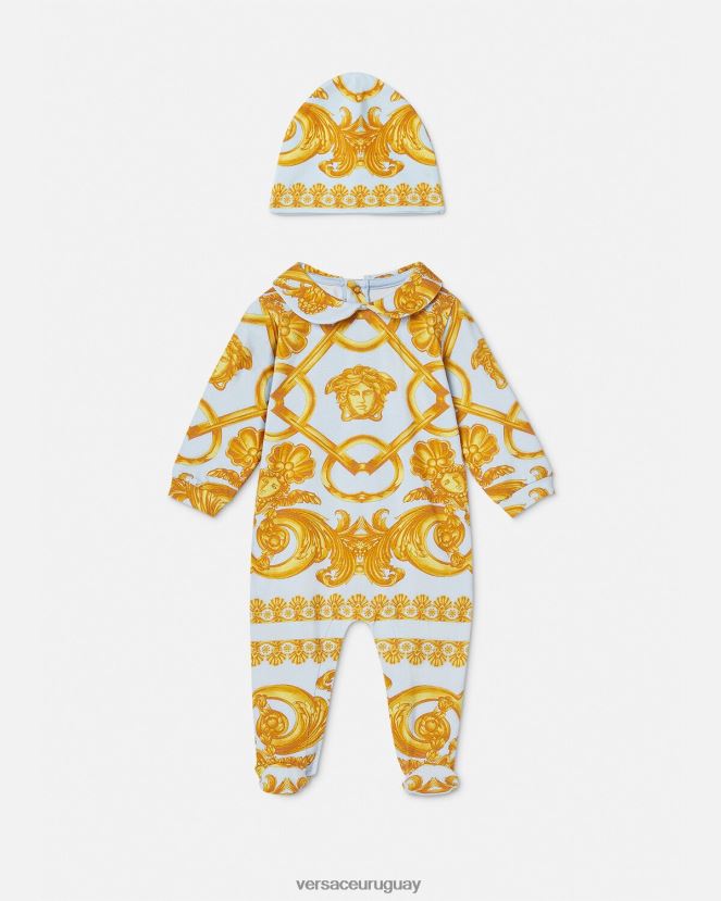Versace conjunto de pelele para bebé barocco 660 niños azul claro y dorado ropa H88R0H1827