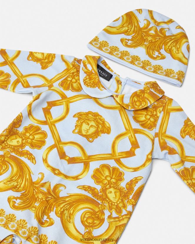 Versace conjunto de pelele para bebé barocco 660 niños azul claro y dorado ropa H88R0H1827