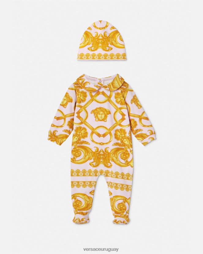 Versace conjunto de pelele para bebé barocco 660 niños rosa claro y dorado ropa H88R0H1826