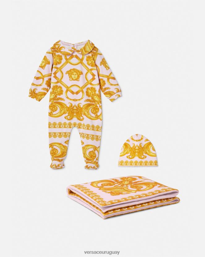 Versace conjunto de pelele para bebé barocco 660 niños rosa claro y dorado ropa H88R0H1826