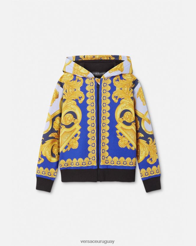 Versace sudadera con capucha barroco 660 niños azul y oro ropa H88R0H2108