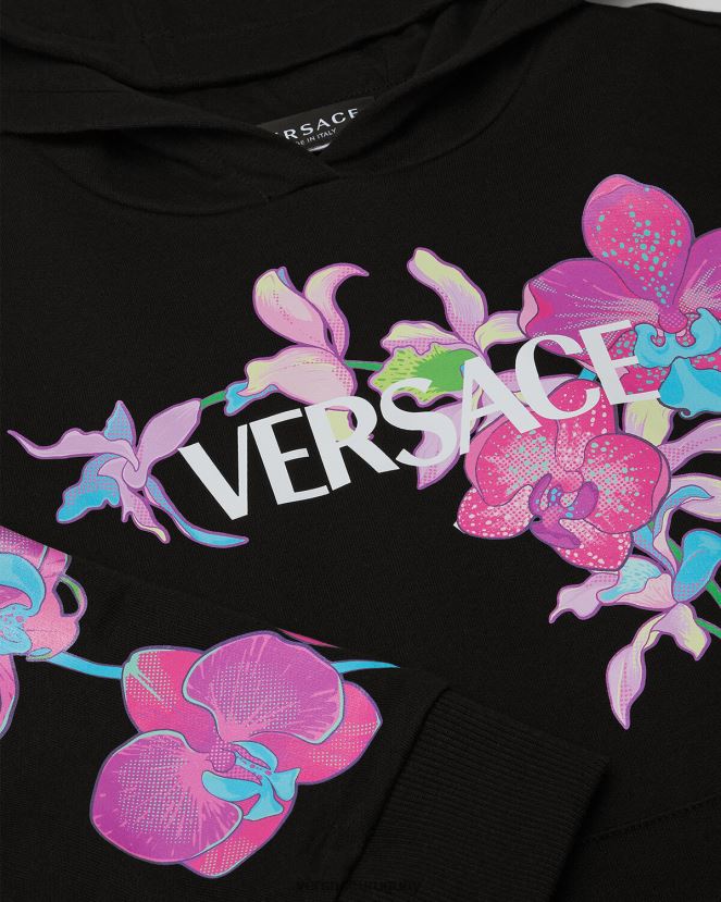 Versace sudadera con capucha barroco de orquídeas niños negro y estampado ropa H88R0H1972