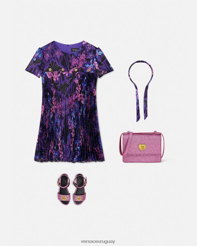 Versace vestido plisado barroco orquídea niños violeta y estampado ropa H88R0H2007