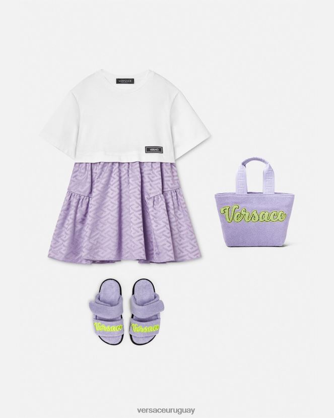 Versace vestido tipo camiseta con greca niños blanco y lila ropa H88R0H1996